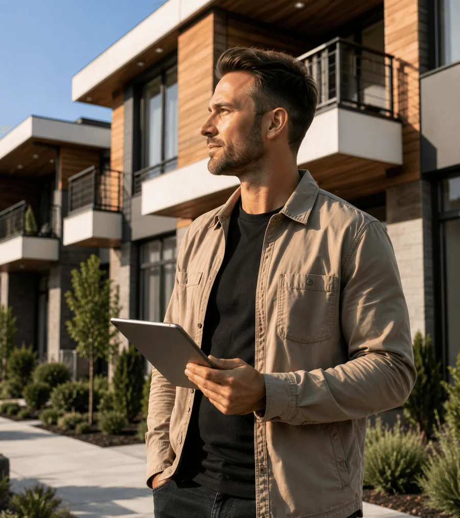 Real estate investor reviewing figures on a tablet outside a modern rental property