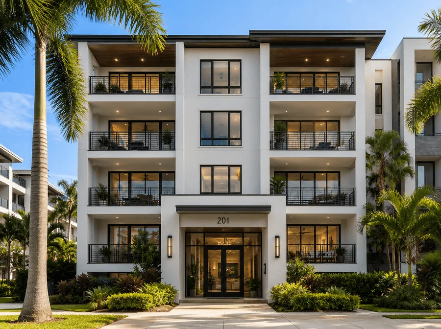 Modern four-story coastal condominium building
